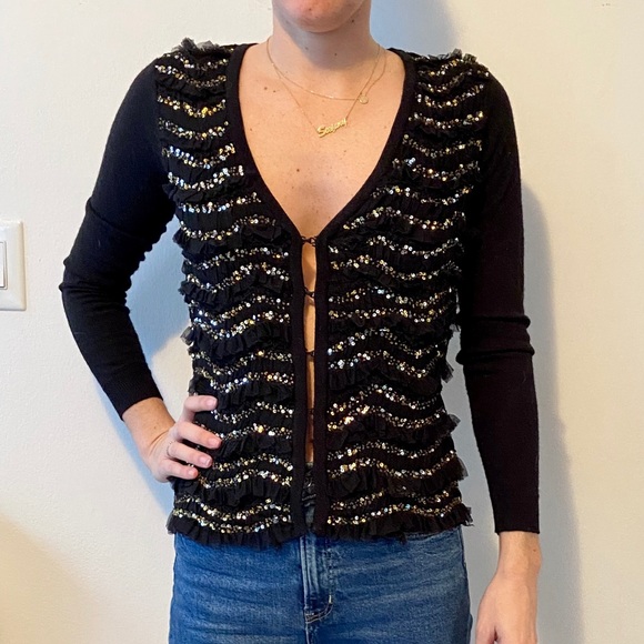 Milly Sweaters - Milly Black Sequin Embellished Striped Car…